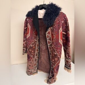 Tory Burch Tapestry Coat with Fur Collar - size S